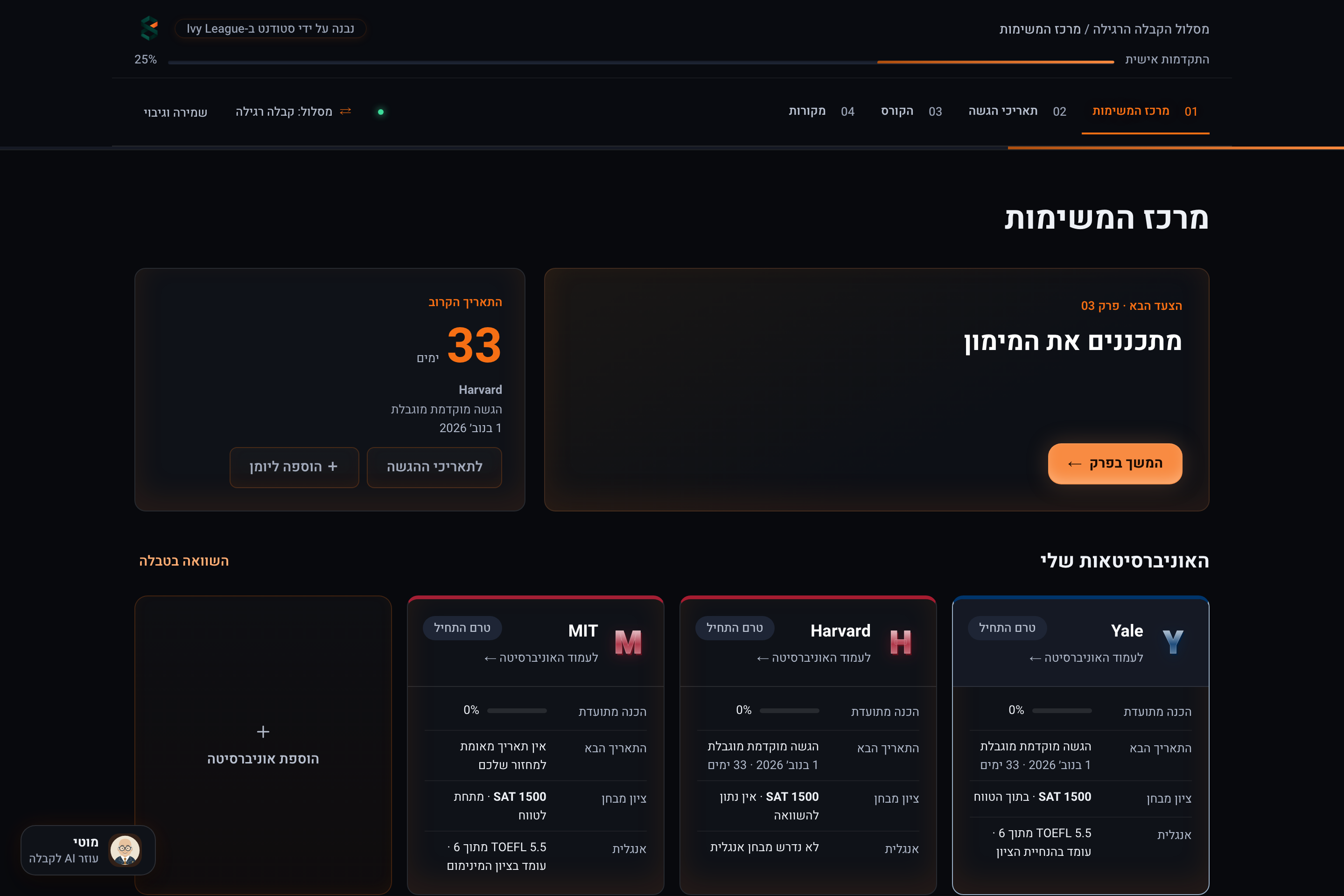 מרכז המשימות בקורס, עם אוניברסיטאות, ציונים ותאריכי הגשה אישיים